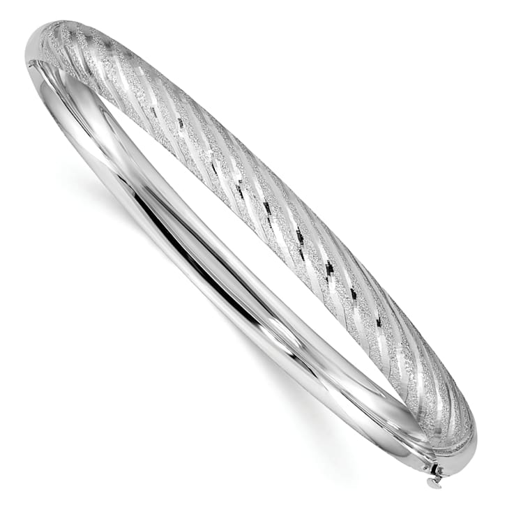 Rhodium Over 14k White Gold 6.2mm Textured and Diamond-Cut Twisted
Hinged Bangle