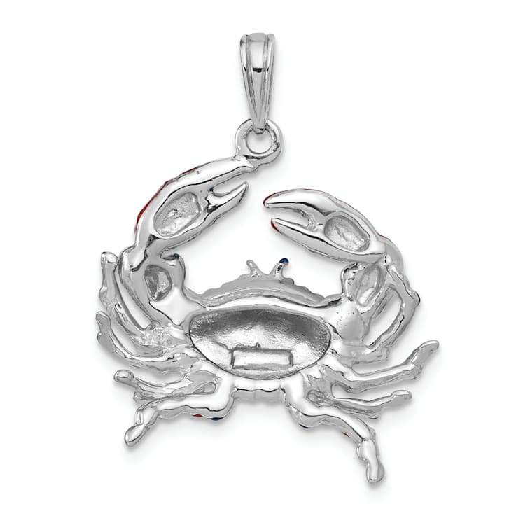 Rhodium Over Sterling Silver Polished Enameled Blue Stone Crab Pendant