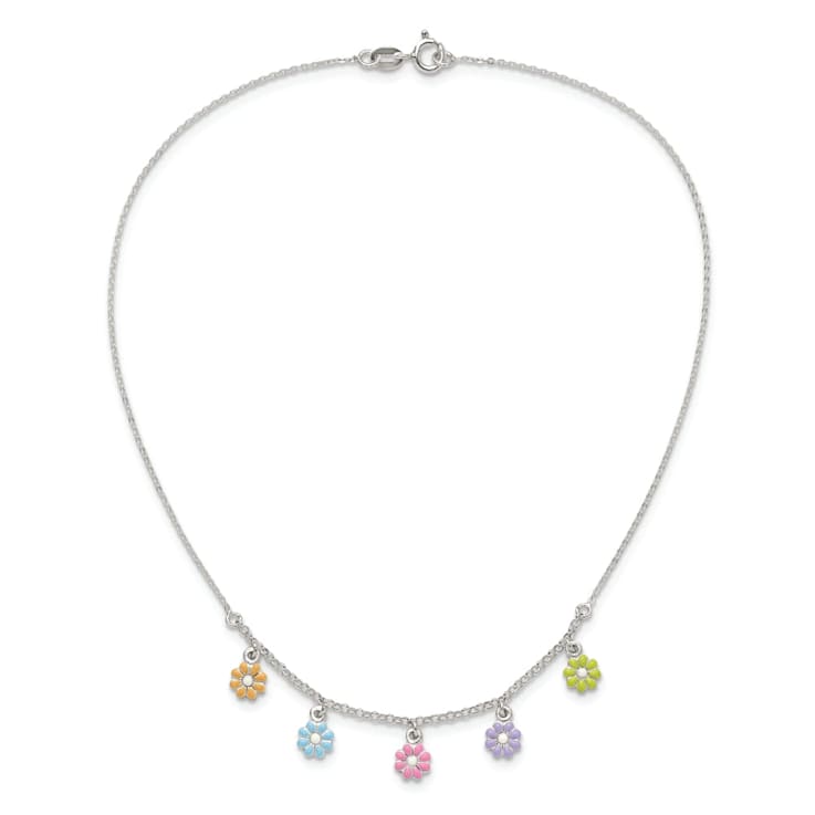Sterling Silver Polished Multi-color Enameled Flowers Children's Necklace