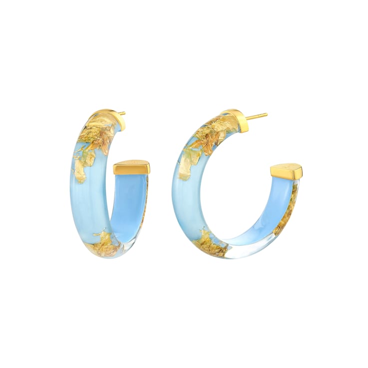 14K Yellow Gold Over Sterling Silver Small Gold Leaf Acrylic Hoops in
Sky Blue