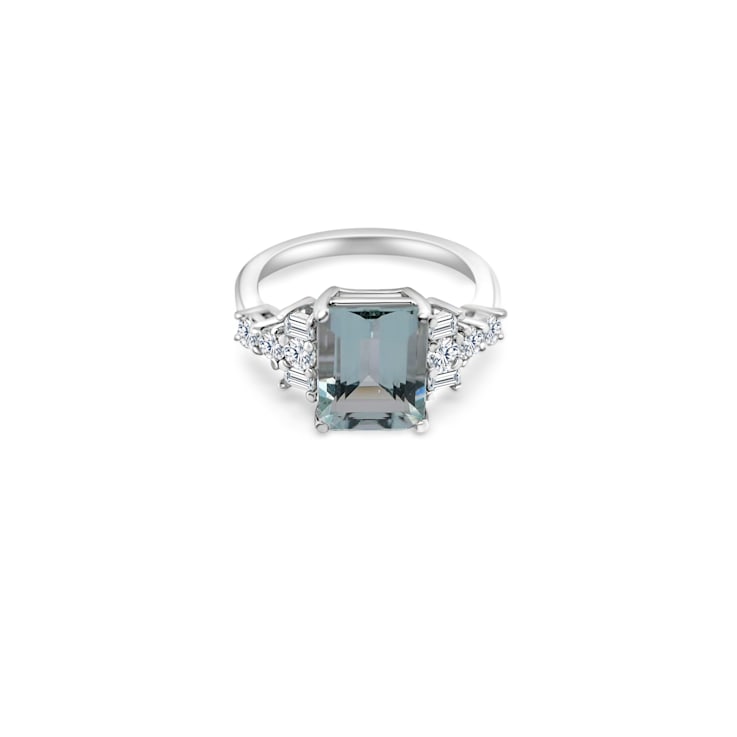 9x7mm Rectangular Octagonal Aquamarine and White CZ Rhodium Over
Sterling Silver Ring, 2.10ctw