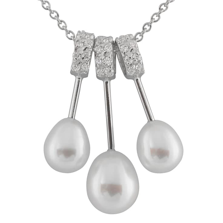 6.5-8mm Drop White Cultured Freshwater Pearl and CZ Rhodium Over
Sterling Silver Pendant