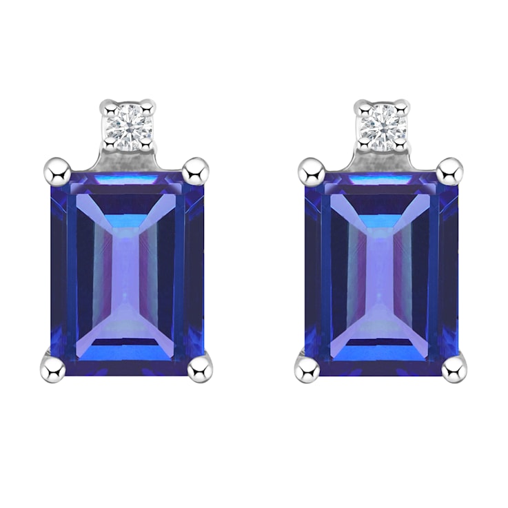 6x4mm Emerald Cut Tanzanite with Diamond Accents 14k White Gold Stud Earrings