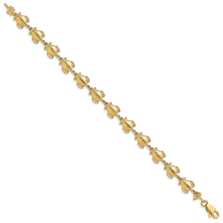 14k Yellow Gold Polished and Textured Sea Turtle Link Bracelet