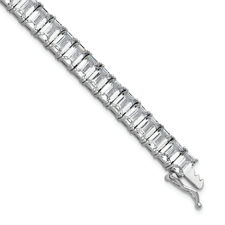 Rhodium Over Sterling Silver Polished Emerald-cut Cubic Zirconia Tennis Bracelet