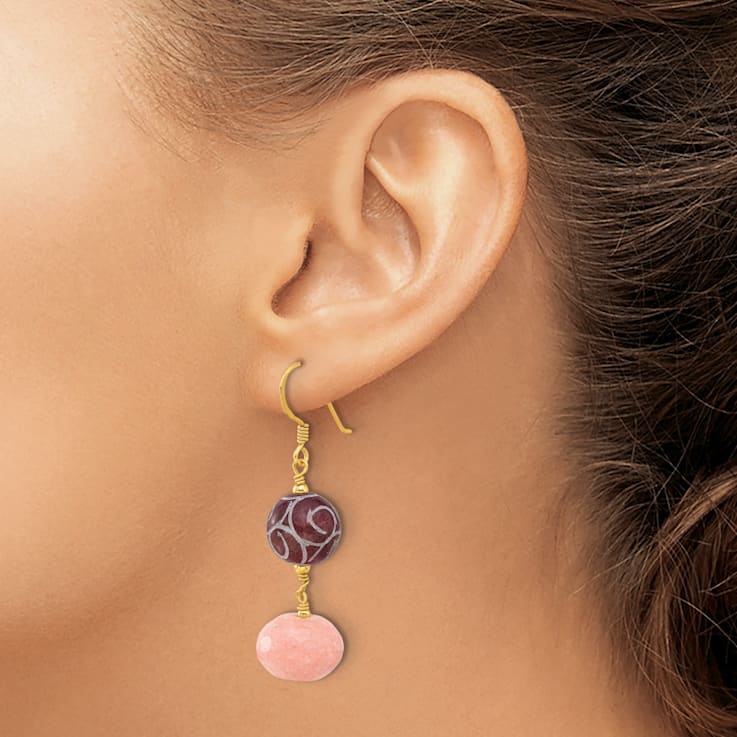14K Gold Over Sterling Silver Polished Peach and Red Jadeite Swirl
Dangle Earrings
