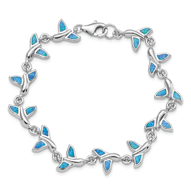Rhodium Over Sterling Silver Lab Created Opal Whale Tail 7.75 Inch Bracelet
