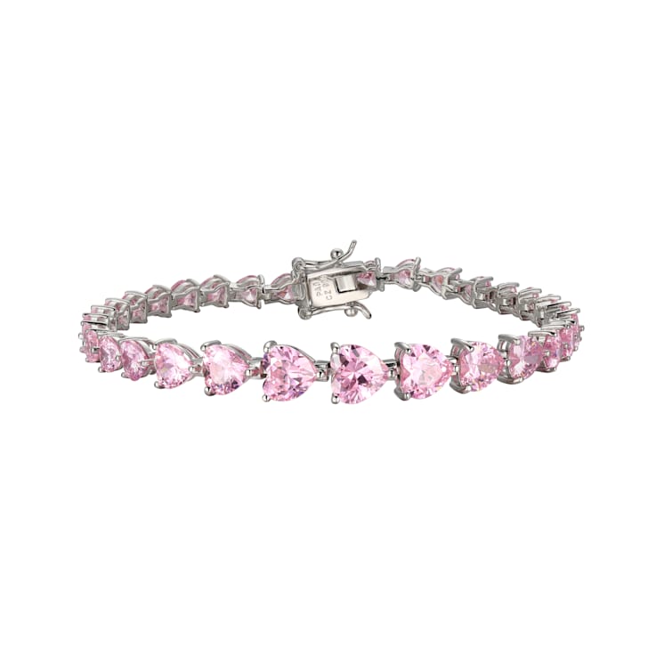 Pink Cubic Zirconia Heart Rhodium over Sterling Silver Tennis Bracelet