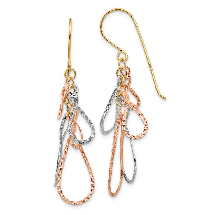 14k Tri-color Gold Diamond-Cut Tear Drop Dangle Earrings