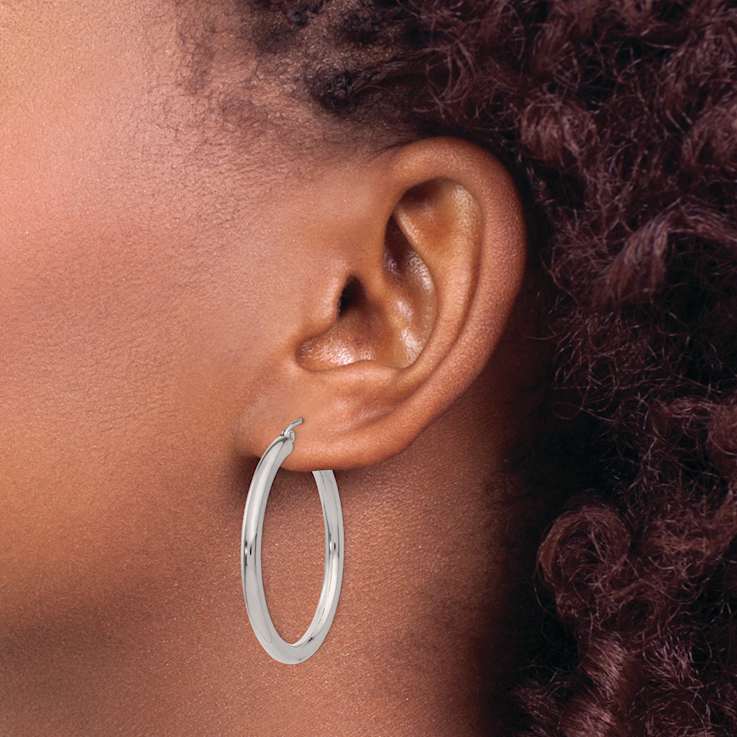 Rhodium Over 14k White Gold Polished 1 3/8" Tube Hoop Earrings