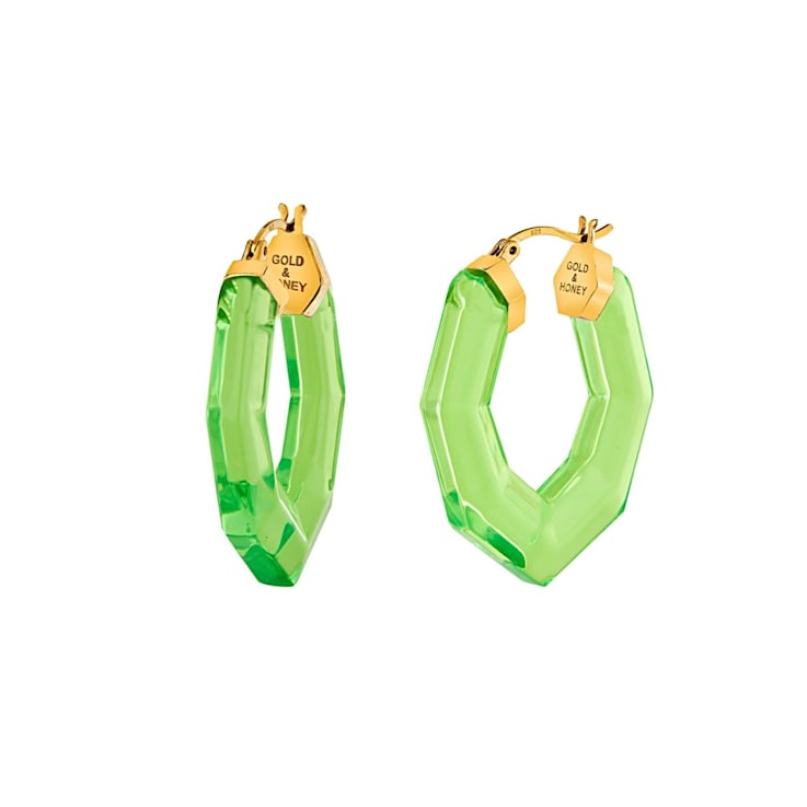 14K Yellow Gold Over Sterling Silver Pear Gem Acrylic Hoops in Green