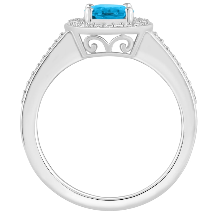 8x6mm Oval Blue Topaz 1/5 ctw Diamond Rhodium Over Sterling Silver Halo Ring