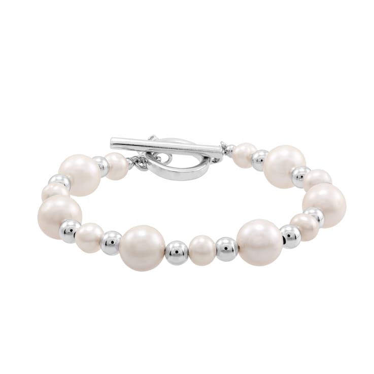 6-10mm Round White Freshwater Pearl and Beaded Sterling Silver Bracelet
with Toggle Clasp