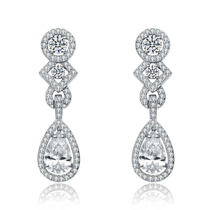 CZ Teardrop Halo Dangle Earrings In Sterling Silver
