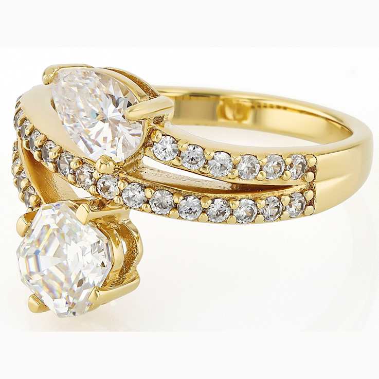 Diamond Simulant Pear And Square Bypass Ring In 18K Gold Over Sterling
Silver 2.93ctw