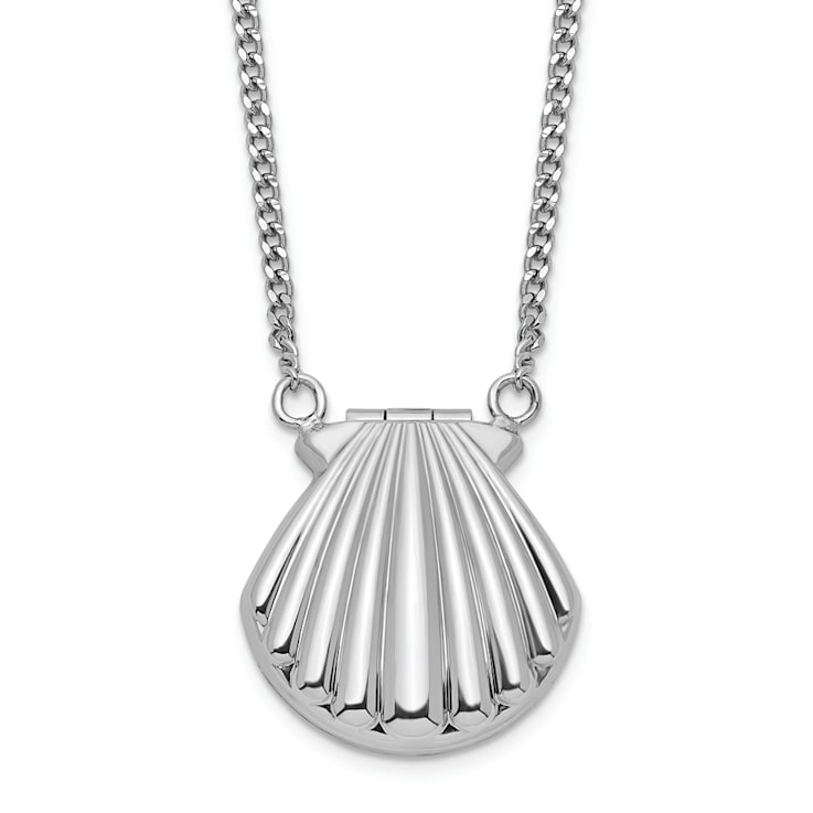 Rhodium Over Sterling Silver Seashell 15mm Locket Necklace
