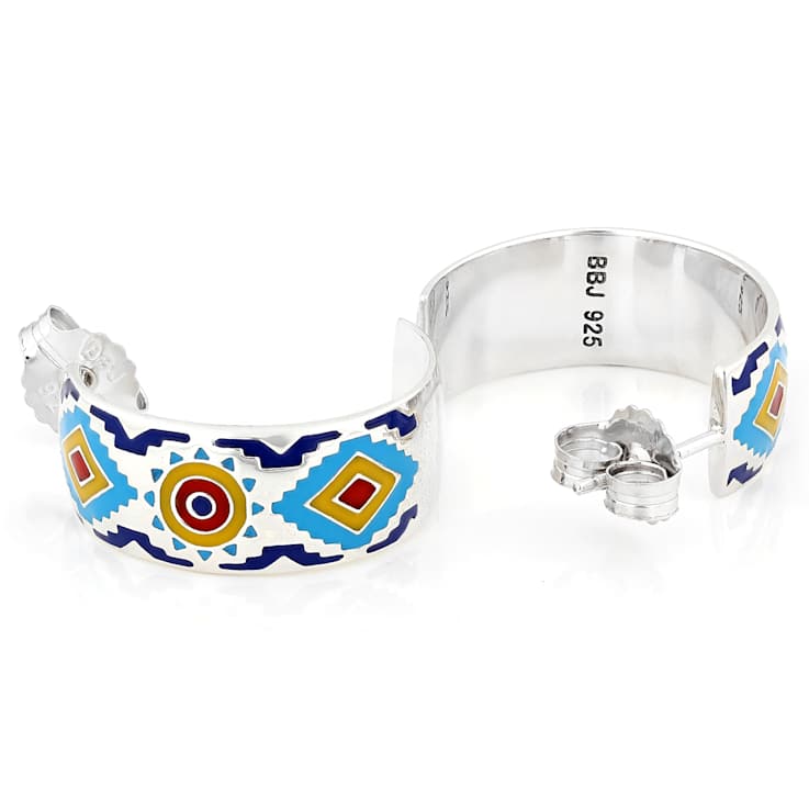 Multi-Color Enamel Sterling Silver Aztec Design Earrings