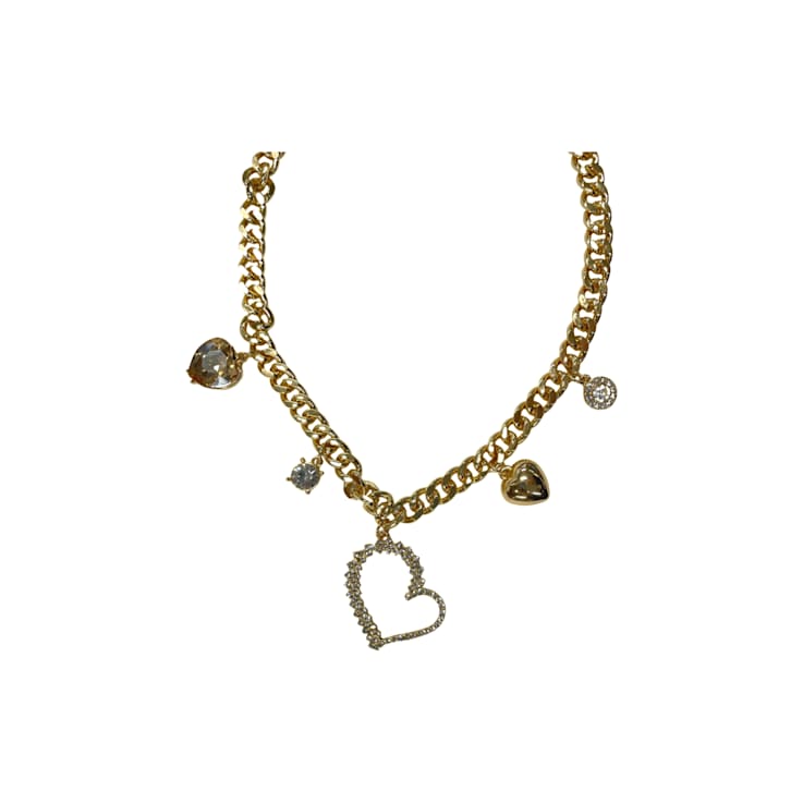 Gold Tone Crystal Heart Charm Necklace.
