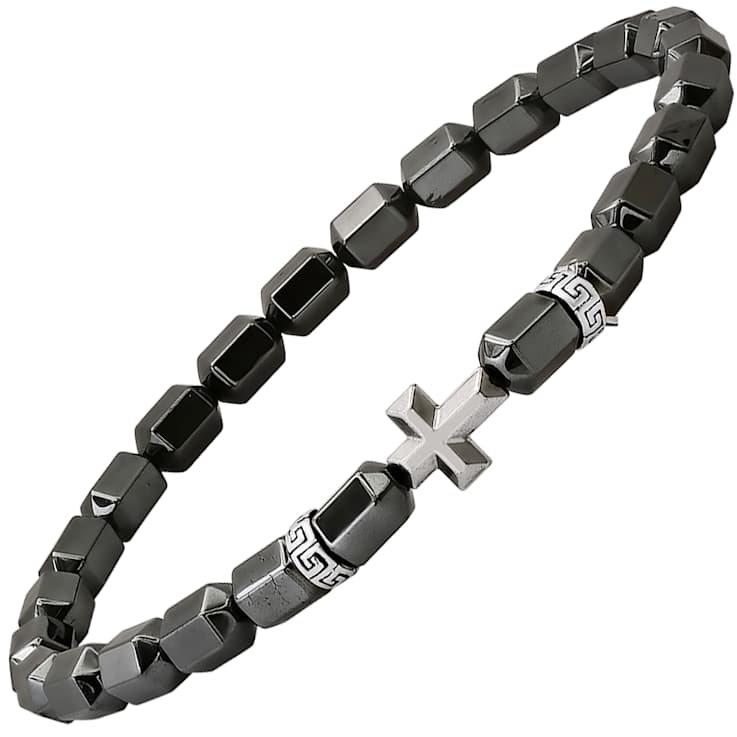 Black Hematite Cross Charm Beaded Stretch Bracelet In Sterling Silver