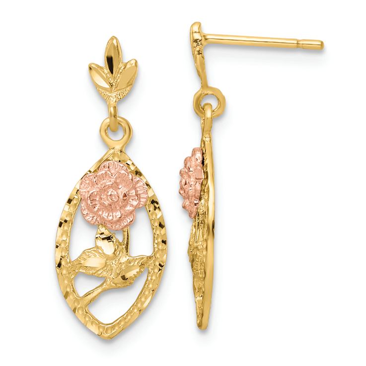14k Two-tone Textured Flower Dangle Earrings