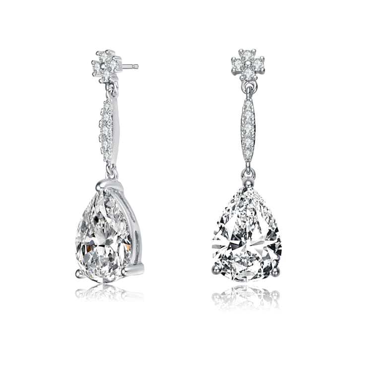 Pear Shape CZ Halo Drop Earrings In Sterling Silver