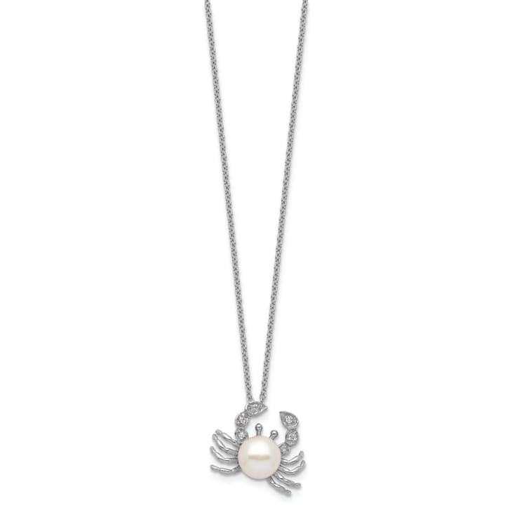 Rhodium Over Sterling Silver Cubic Zirconia and Freshwater Pearl Crab Necklace