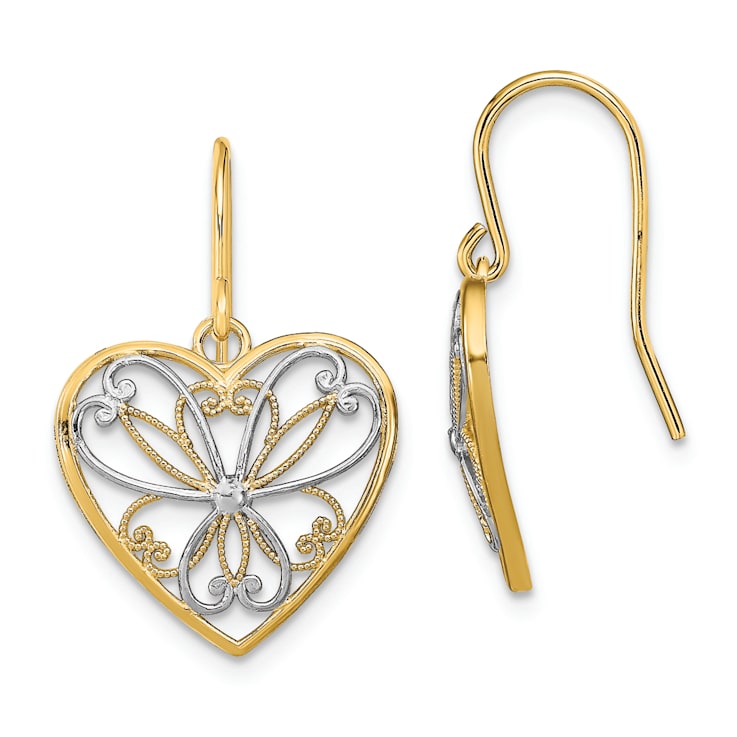 14K Yellow Gold and Rhodium Over 14K Yellow Gold Polished Filigree Heart
Dangle Earrings