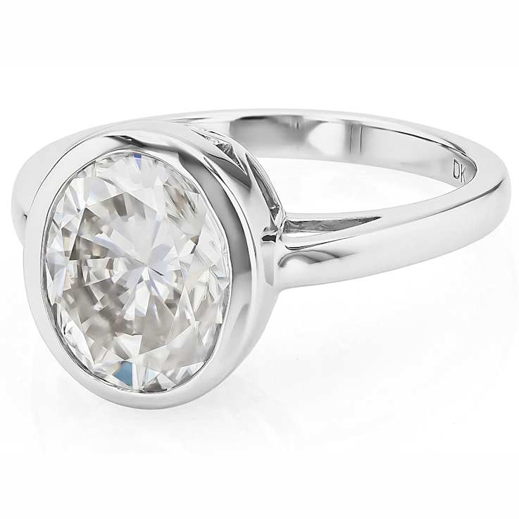 Bezel Set Oval Moissanite Solitaire Ring In Platinum-Enhanced Sterling Silver