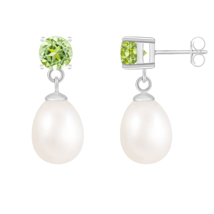 White Freshwater Pearl And Peridot Dangle Earrings In Sterling Silver