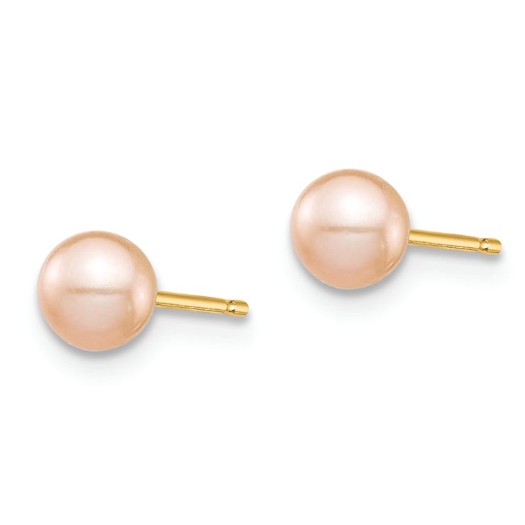 14k Yellow Gold 4.45mm Pink Round Freshwater Cultured Pearl Stud Earrings