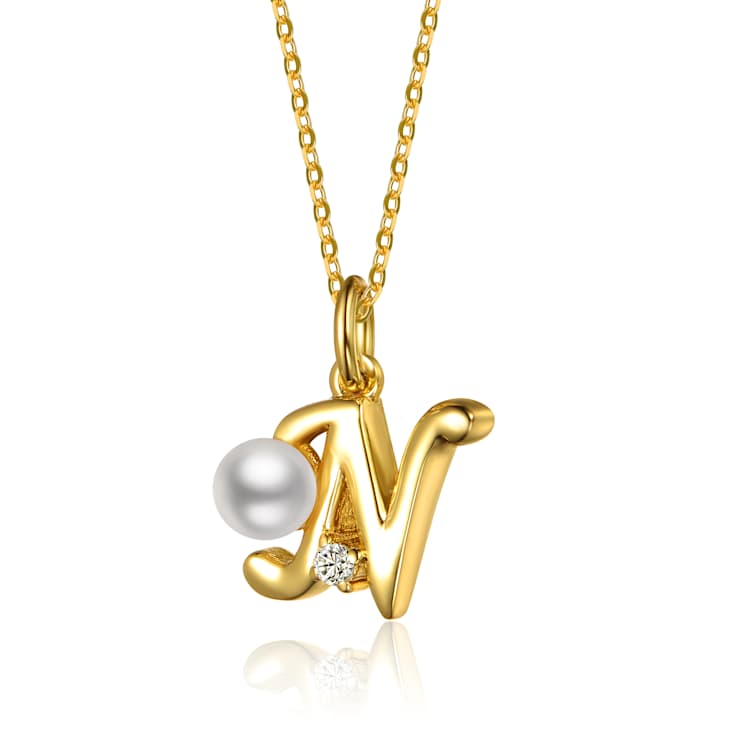 Initial N CZ And Pearl Simulant Pendant Necklace In 14K Gold Over Brass