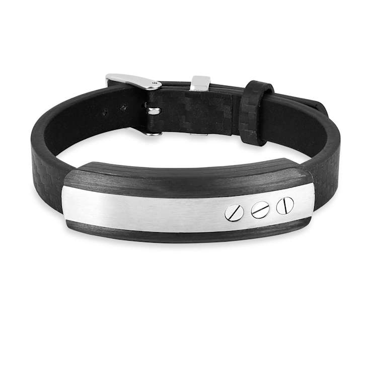 Mens Stainless Steel with Carbon Fiber and Black Leather Bar Bracelet