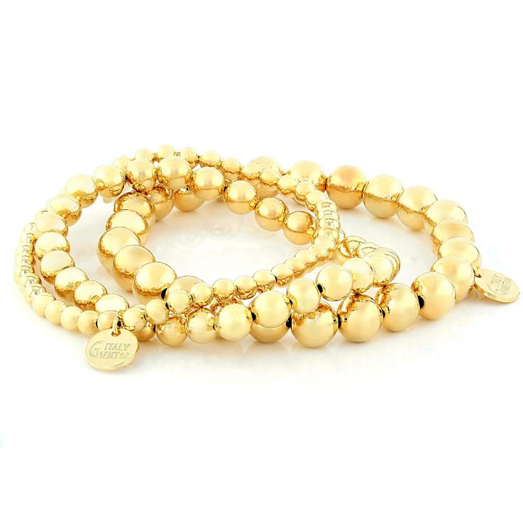Beaded Stretch Bracelet Set Of 3 In 18K Gold Over Bronze