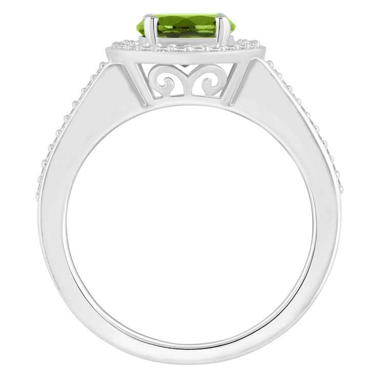 7mm Round Peridot 1/5 ctw Diamond Rhodium Over Sterling Silver Halo Ring