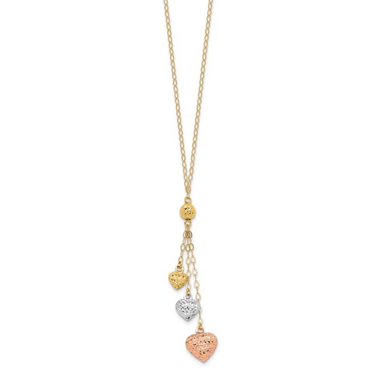 14K Tri-color Puff Heart Lariat with 2-inch Extension Necklace
