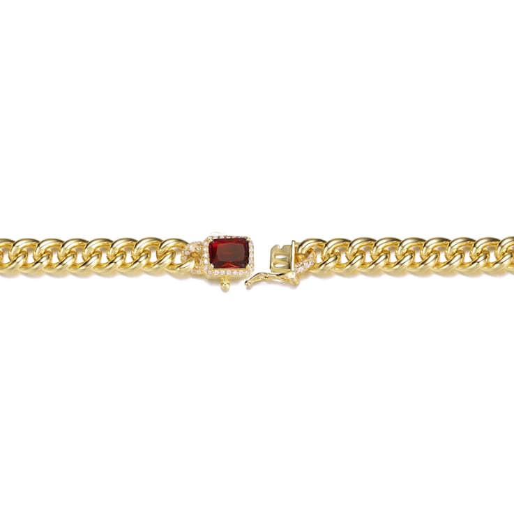 Ruby Color CZ Halo Cluster Curb Chain Bracelet In 14K Gold Over Brass