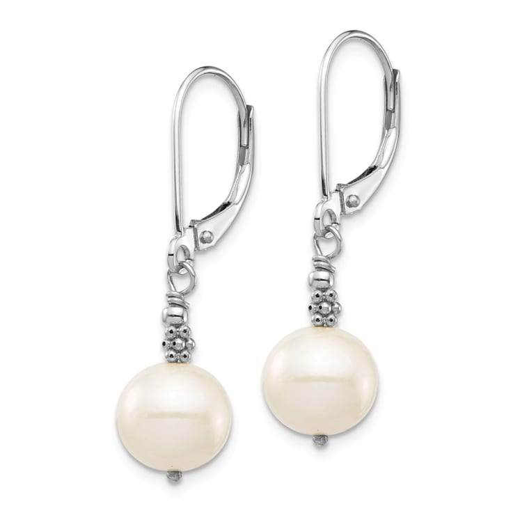 Rhodium Over 14K White Gold 8-9mm Near Round White Freshwater Cultured
Pearl Leverback Earrings