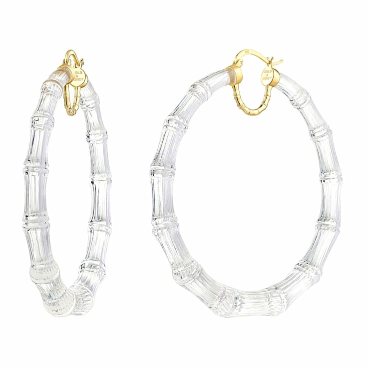 14K Yellow Gold Over Sterling Silver XL Bamboo Acrylic Hoops in Clear