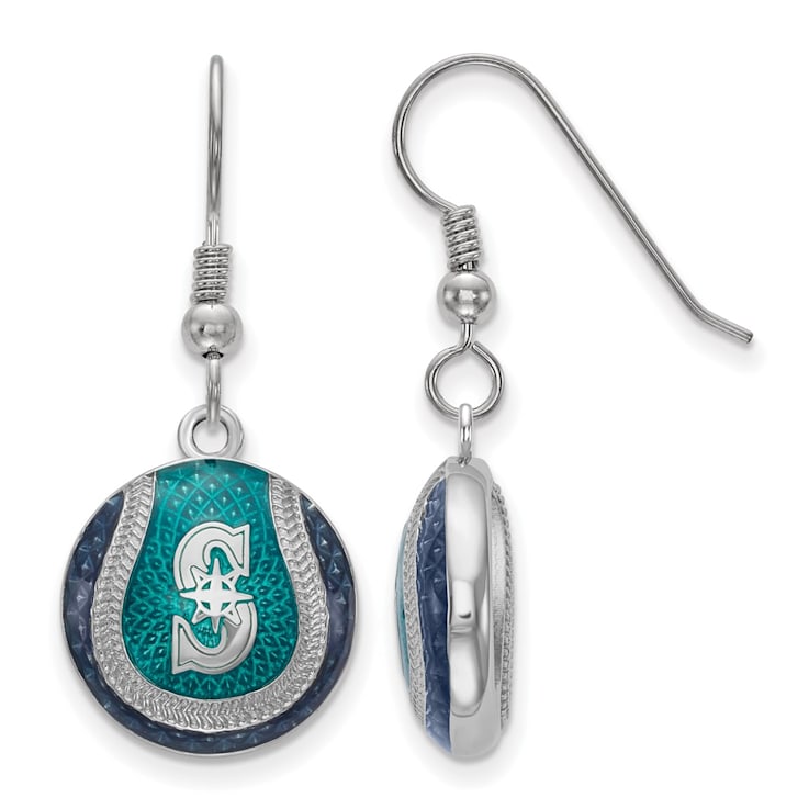 Rhodium Over Sterling Silver MLB LogoArt Seattle Mariners Enamel Earrings
