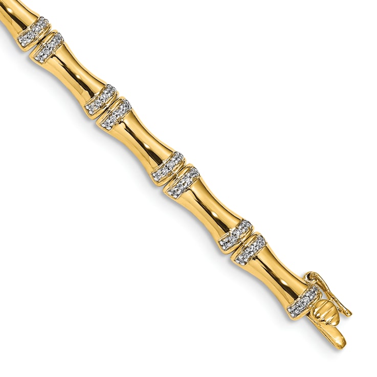14k Yellow Gold and Rhodium Over 14k Yellow Gold Diamond Bamboo Design Bracelet