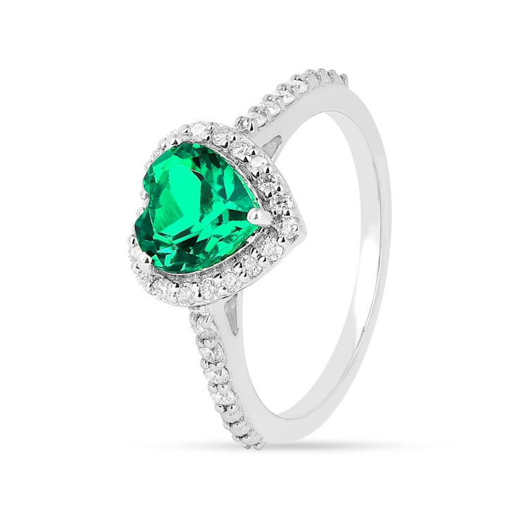 Green Lab Created Emerald and Moissanite Rhodium Over Sterling Silver
Halo Heart Ring