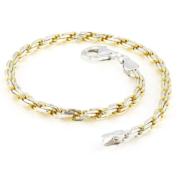 Two-Tone Diamond Cut Rope Bracelet In 18K Gold Over Sterling Silver