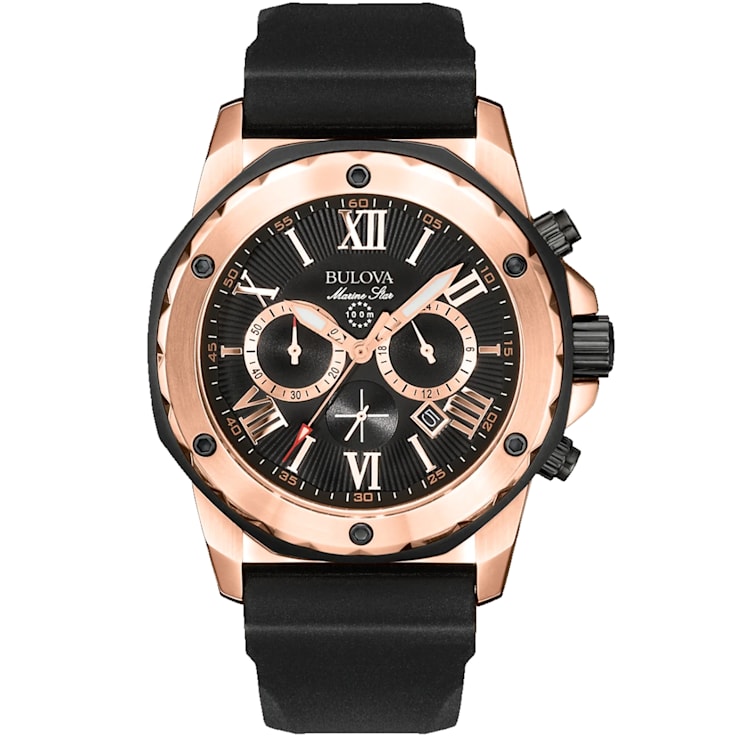 Bulova Men's Marine Star Rose Bezel, Black Rubber Strap Watch