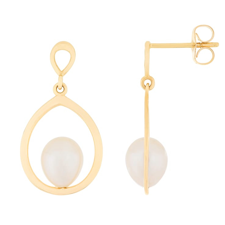 White Cultured Freshwater Pearl 14k Yellow Gold Earrings 6.5-7mm