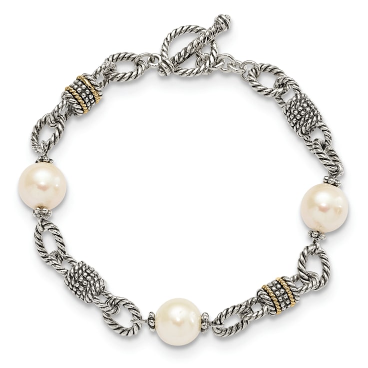 Sterling Silver with 14K Gold Over Sterling Silver Oxidized Freshwater
Cultured Pearl Bracelet