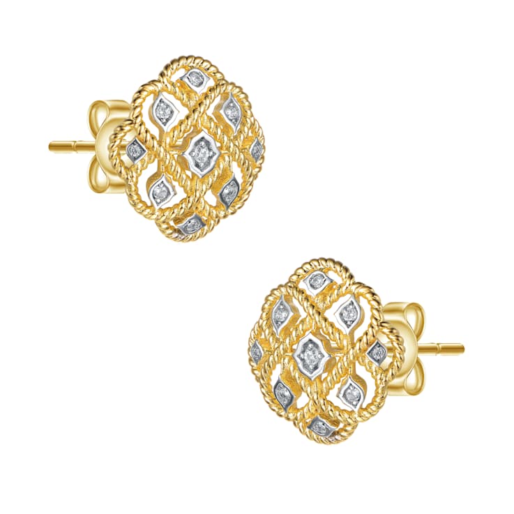 Two-Tone CZ Stud Earrings In 14K Gold Over Brass And Rhodium Over Brass
