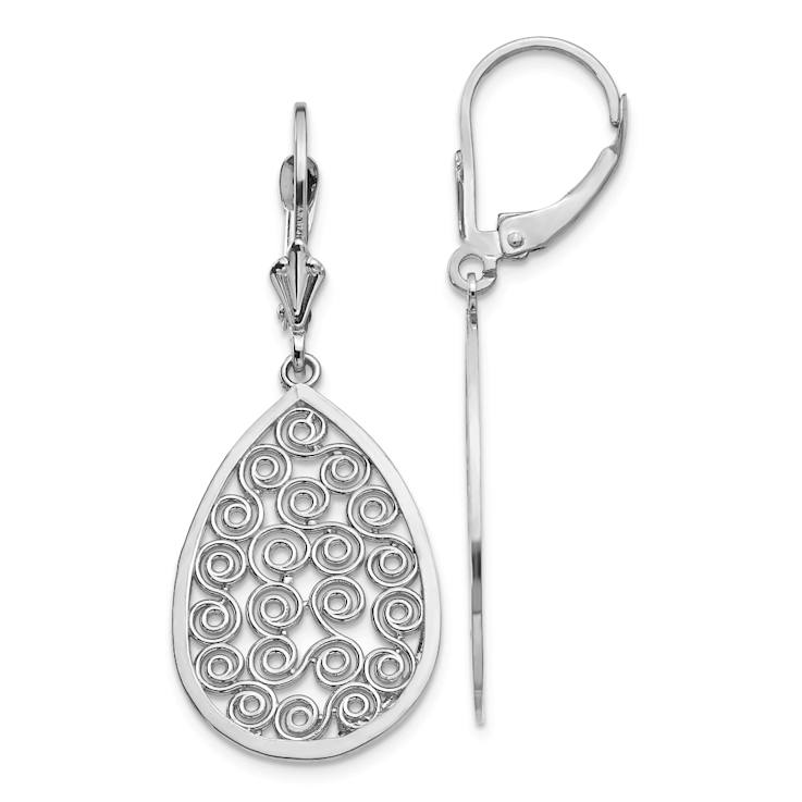 Rhodium Over 14k White Gold Teardrop Filigree Dangle Earrings