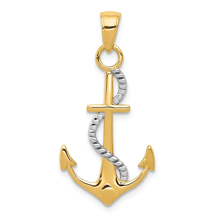14k Two-tone Gold Polished Textured Anchor with Rope Pendant