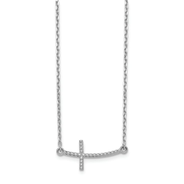 Rhodium Over 14K White Gold Sideways Curved Textured Cross Necklace