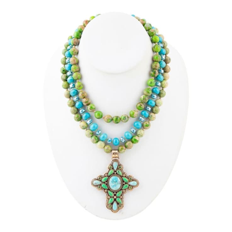 Barse Jewelry Composite Turquoise, Jasper & Magnesite Gold Tone
Layered Cross Necklace